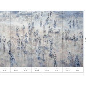 Erismann Fototapete Guido Maria Kretschmer Tag am Meer, blau-graue Szene mit Menschen, 4,0x2,7m.