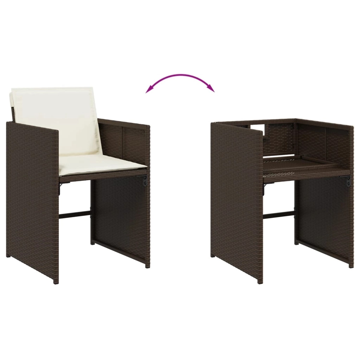 Brauner Poly Rattan Gartenstuhl mit Kissen, stapelbar für platzsparende Aufbewahrung.