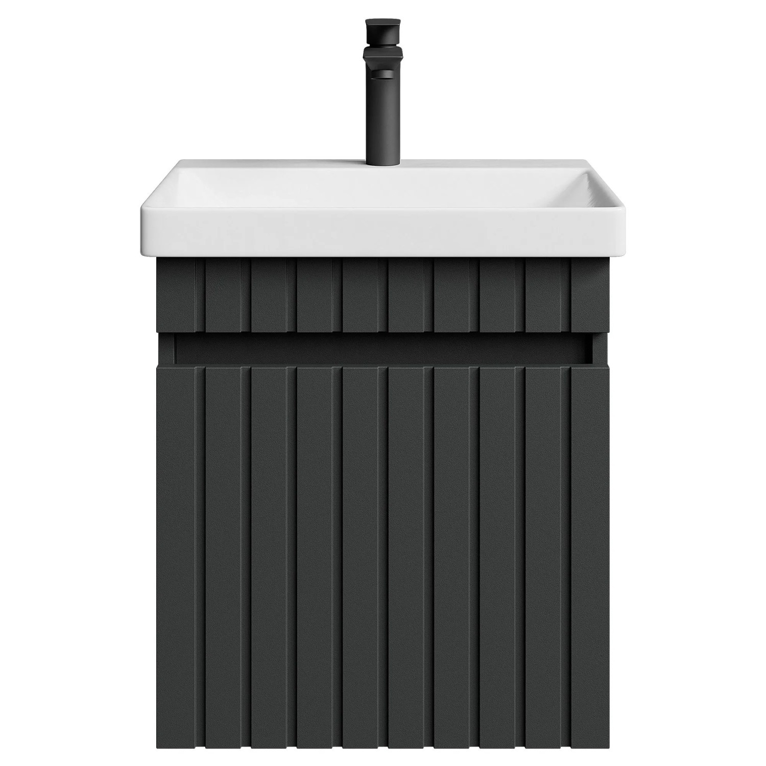 Planetmöbel COSMIA Waschtischunterschrank 50 cm Anthrazit Matt mit Keramikwaschbecken Tür Armatur Matt Schwarz Soft Close