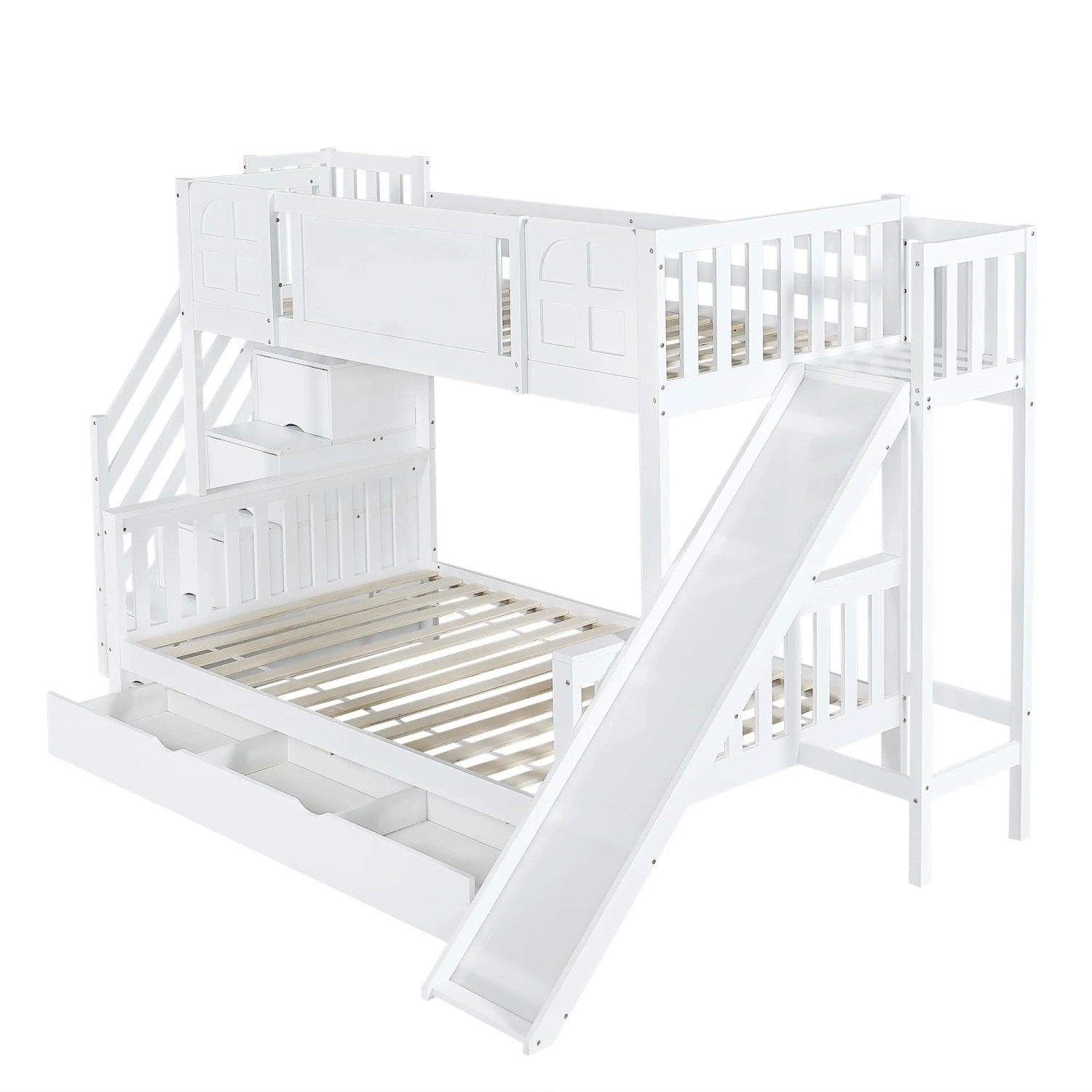 okwish Etagenbett 90x200cm mit Rutsche Fenstern und Treppenschrank Weiß ohne Matratze