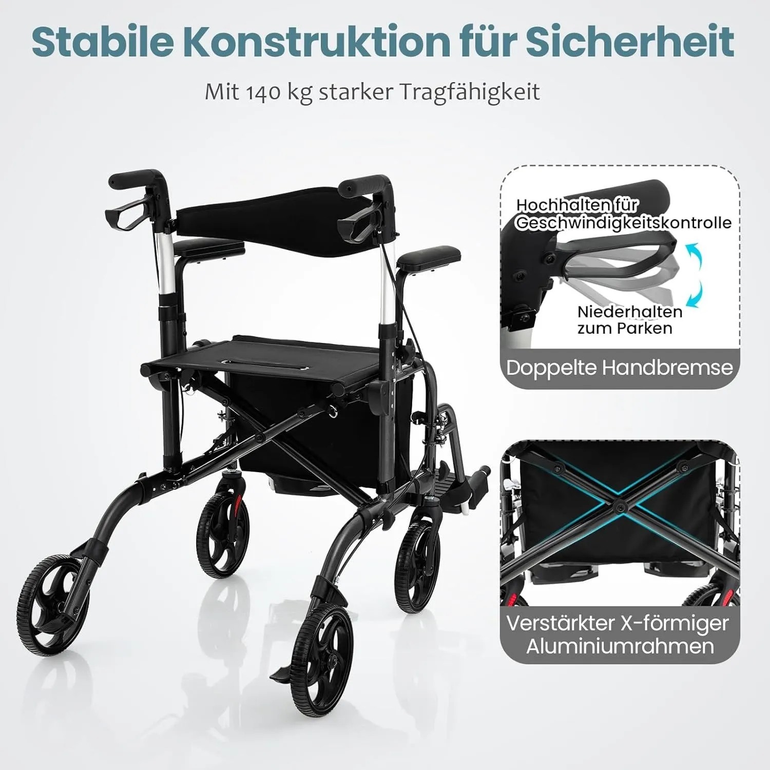 Costway Rollator, faltbare Gehhilfe mit Sitz, 6-fach höhenverstellbar, schwarz.