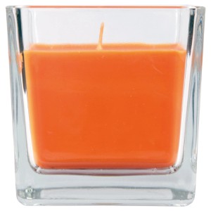 Quadratische Duftkerze "Honigmelone" im Glas, 8x7,5 cm. Kerze für entspannte Atmosphäre.