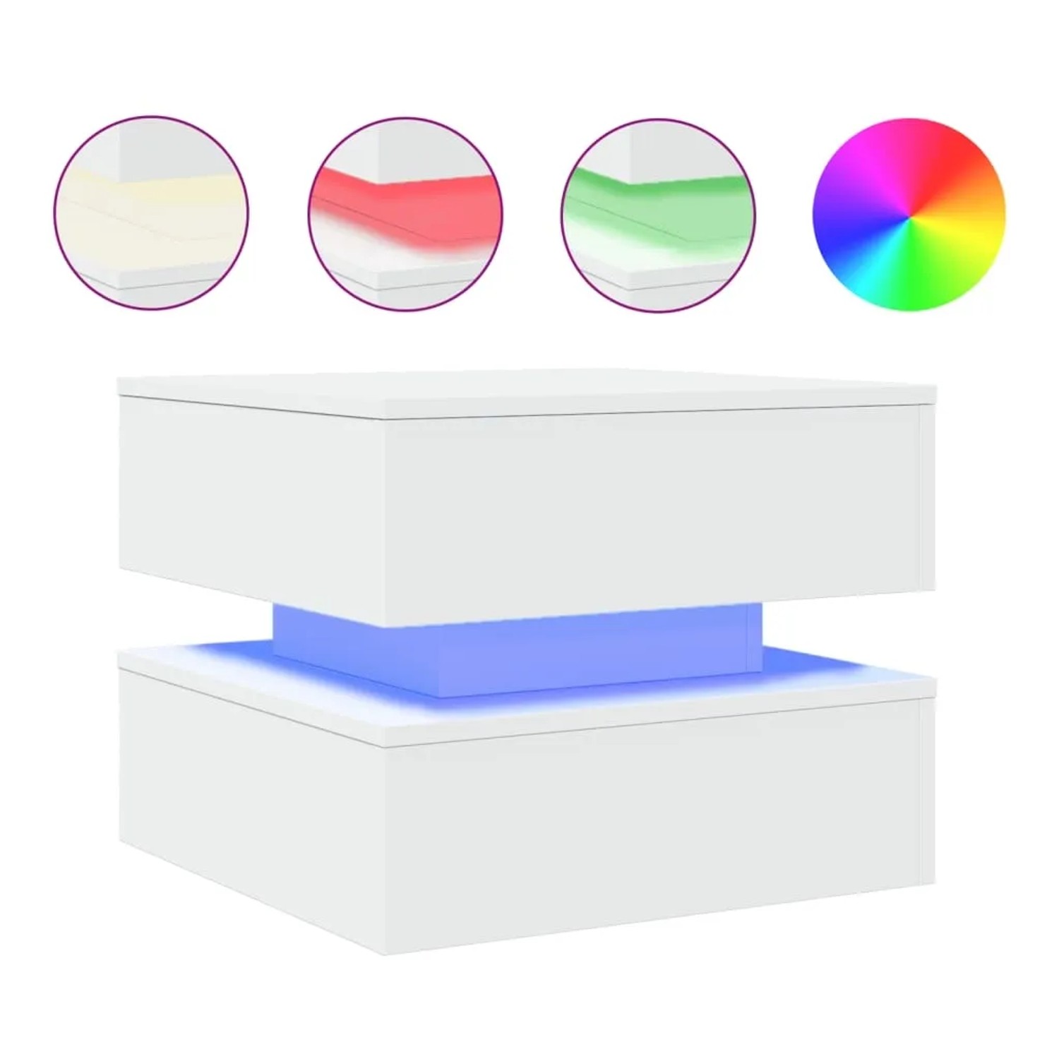 Weißer Couchtisch mit moderner, schwebender Optik und blauer LED-Beleuchtung. Oben sind weitere RGB-Farboptionen sichtbar.