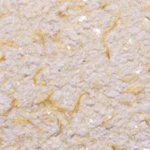 Nahaufnahme von Terralith Baumwollputz Flüssigtapete BWP84. Helle, faserige Struktur mit goldenen Fäden und Glimmer.