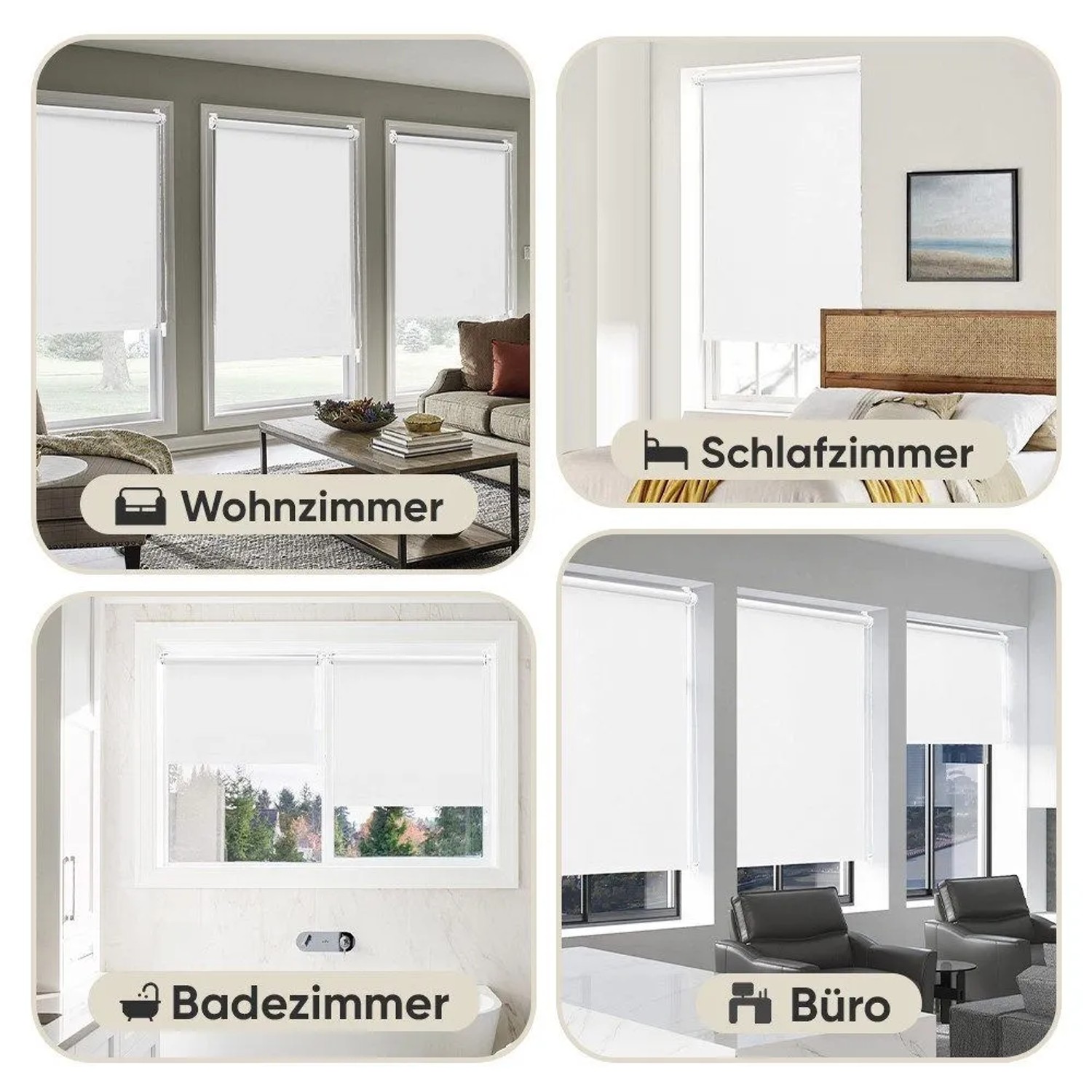 Weißes Seitenzugrollo Verdunkelung in Wohnzimmer, Schlafzimmer, Bad und Büro. Blickdichter Fenstervorhang.