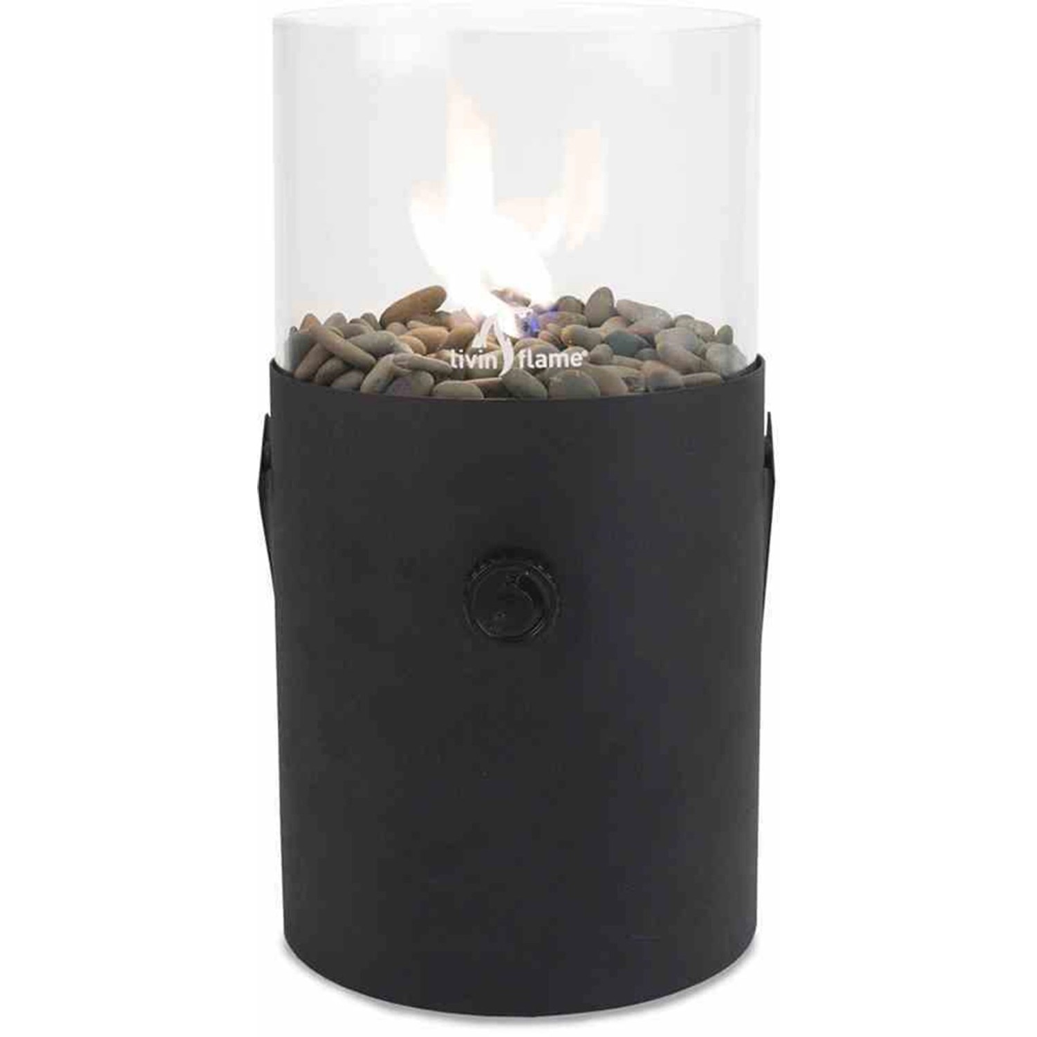 Schwarze Cosi Gaslaterne Cosiscoop mit Glaszylinder und Kieselsteinen, Terrassenheizer.