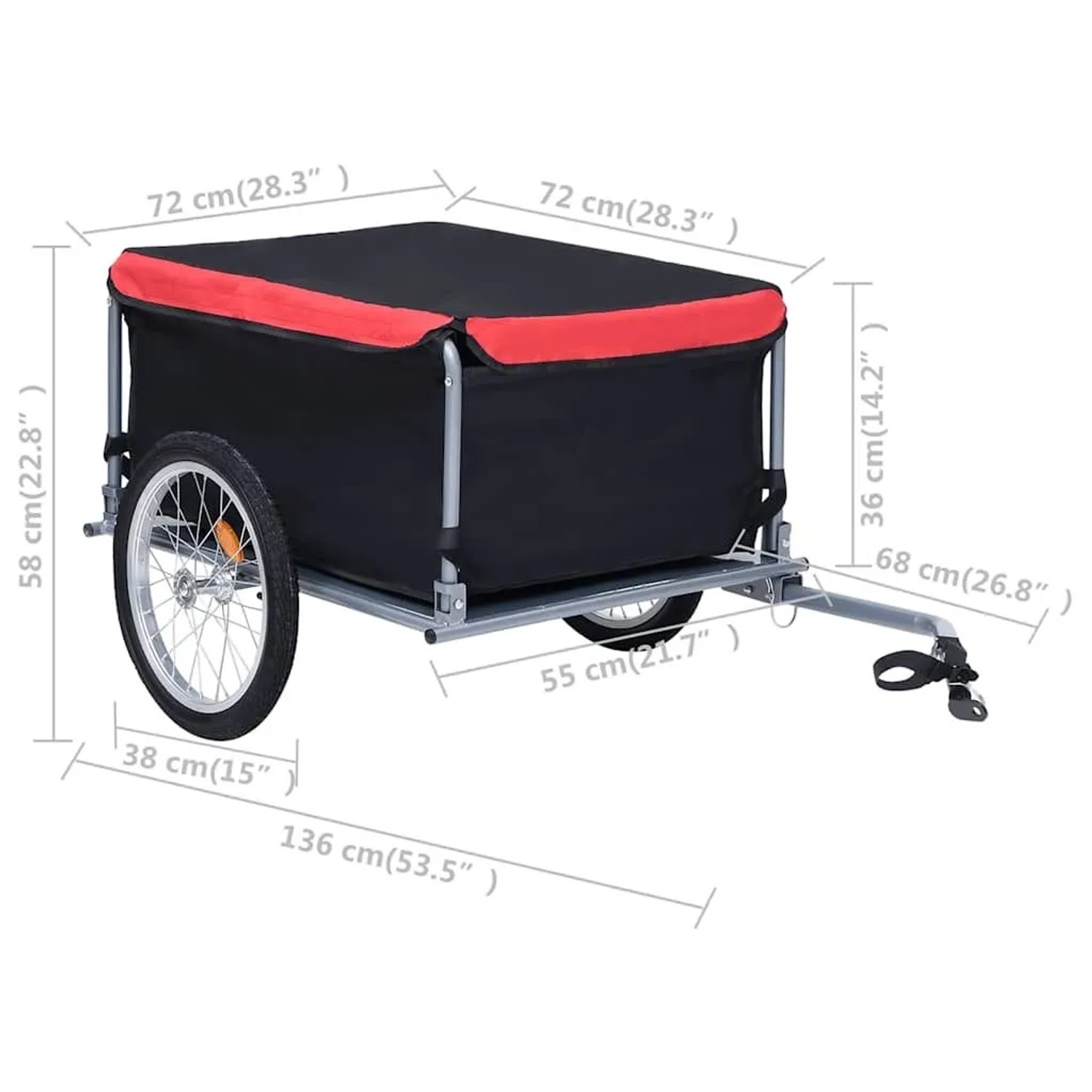 DELUKE Fahrrad Lastenanhänger in Schwarz-Rot, klappbar, bis 65kg belastbar.