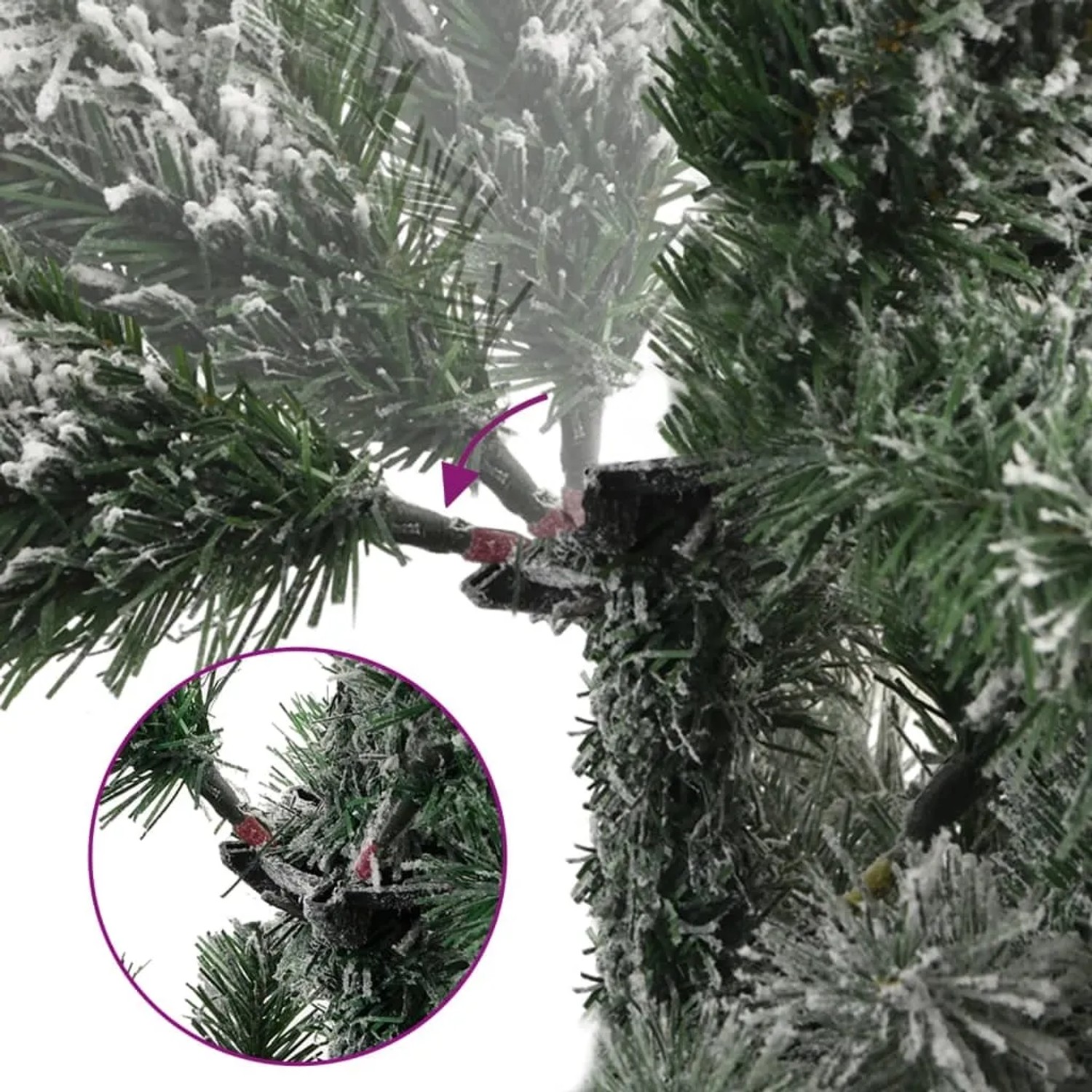 Detailaufnahme: Klappmechanismus des beschneiten, künstlichen Weihnachtsbaums (210 cm) von vidaXL.