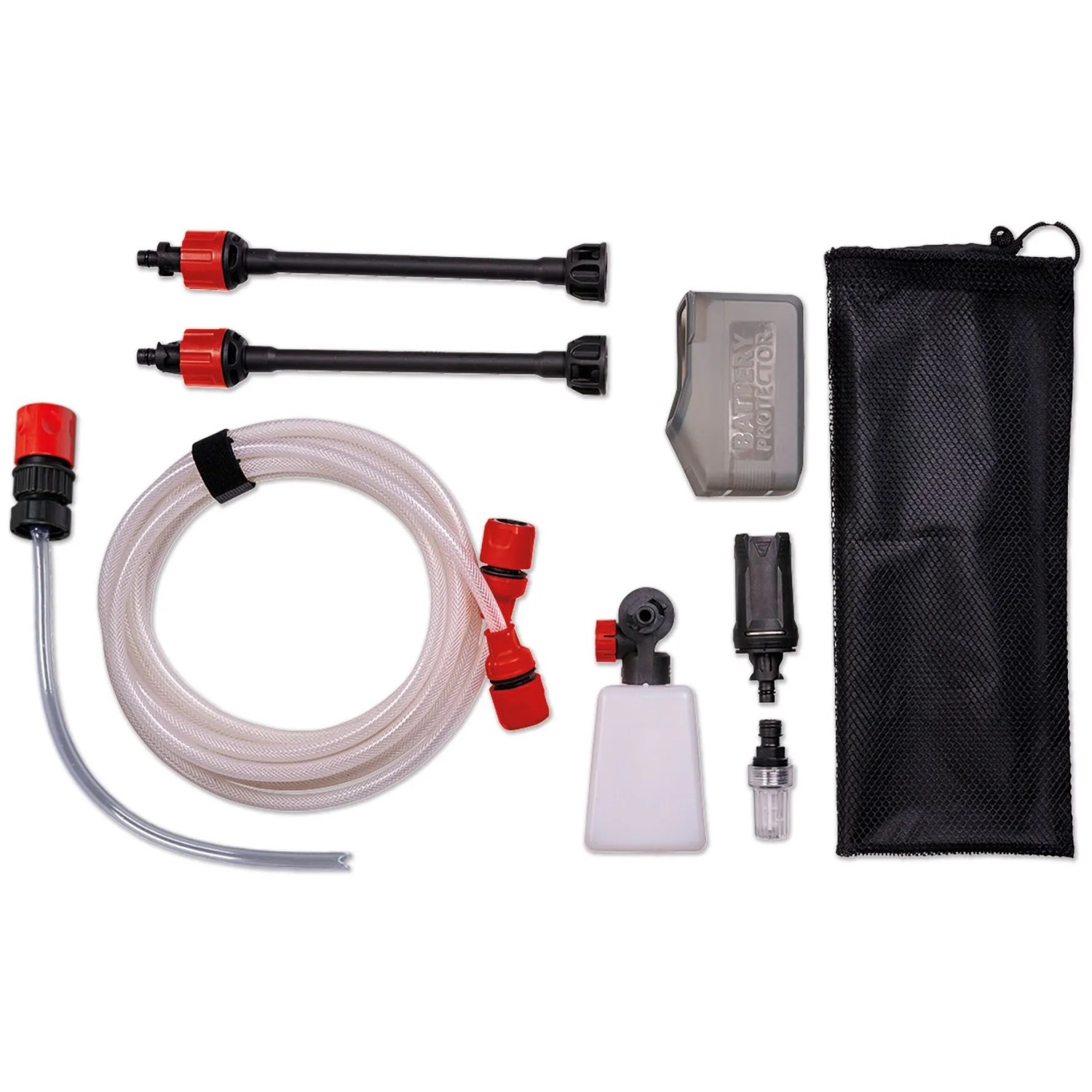 Zubehör-Set für Einhell Akku-Druckreinigerpistole: Verlängerungslanzen, Saugschlauch, Schaumsprühflasche, Akku-Schutz, Netzbeutel.