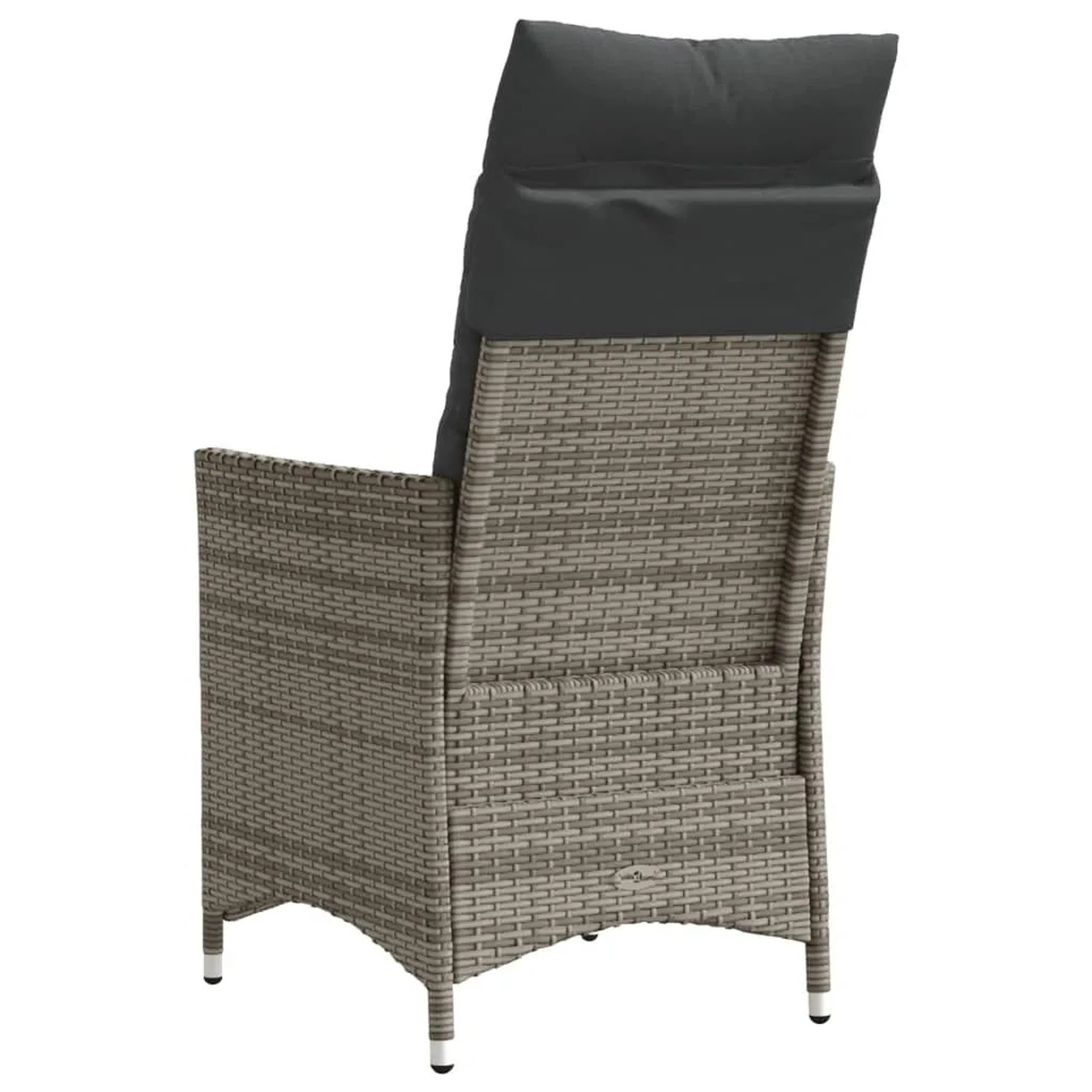 vidaXL Gartensessel verstellbar, grau, aus Poly Rattan mit dunklen Kissen. Rückansicht des Gartenstuhls.