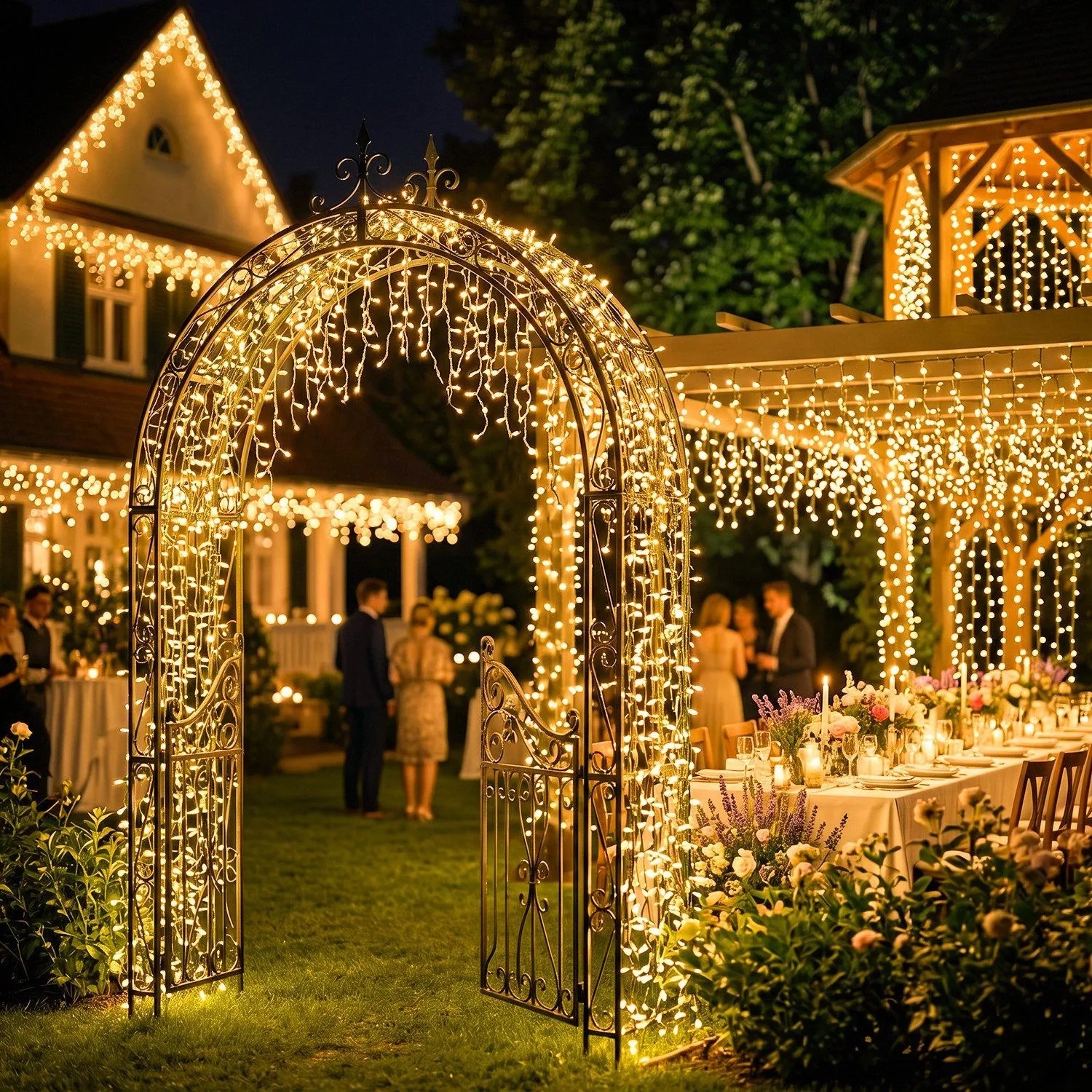 Warmweiße Salcar Solar Eiszapfen-Lichterkette dekoriert einen Gartenbogen und eine Pergola bei Nacht.