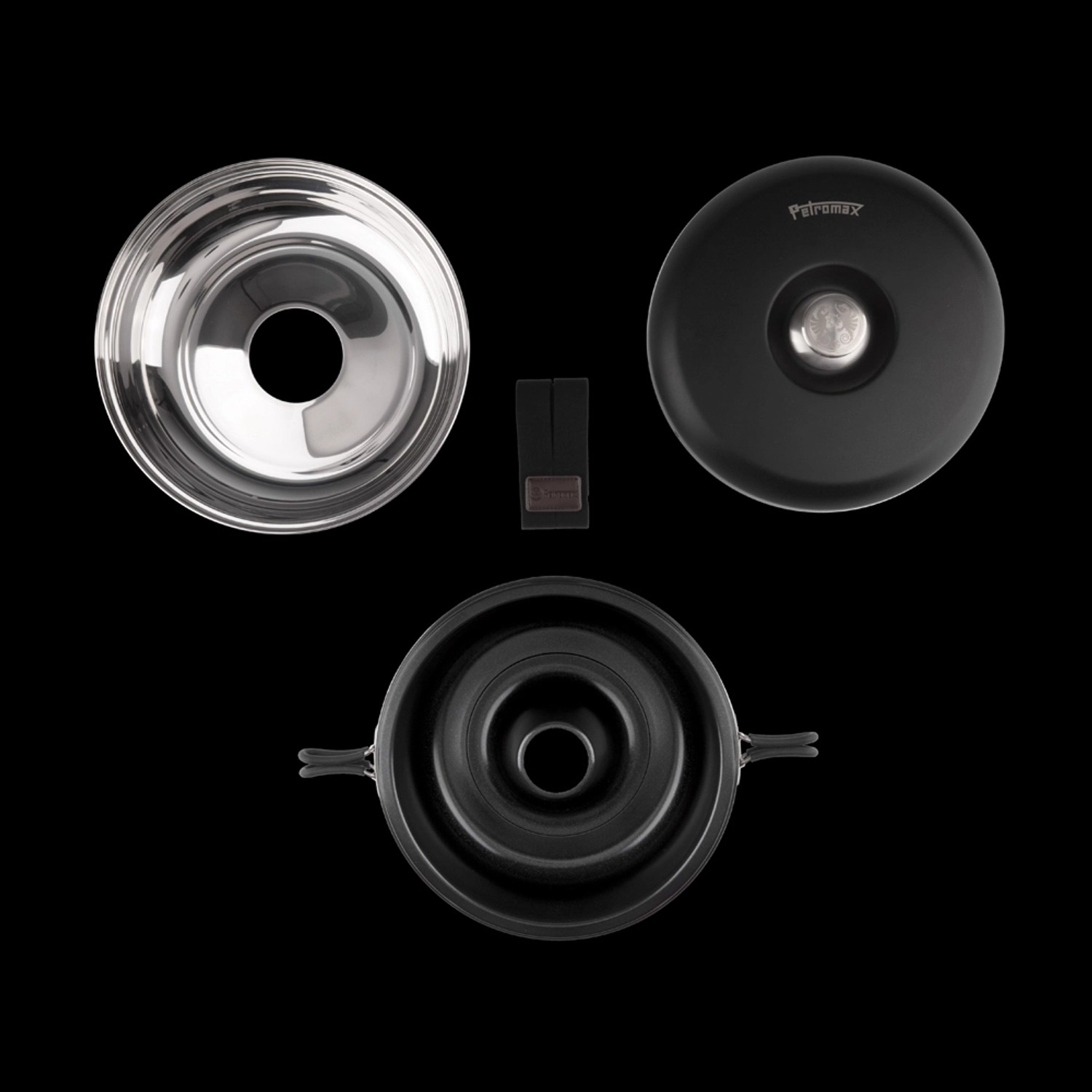 Petromax Camping-Backofen Dimego 2 l, bestehend aus Basis, Ringform, Deckel und Griff.