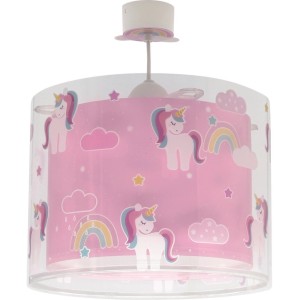 Dalber Kinderzimmer Deckenlampe rosa mit Einhörnern, Regenbögen und Sternen. Doppelschirm für sanftes Licht.