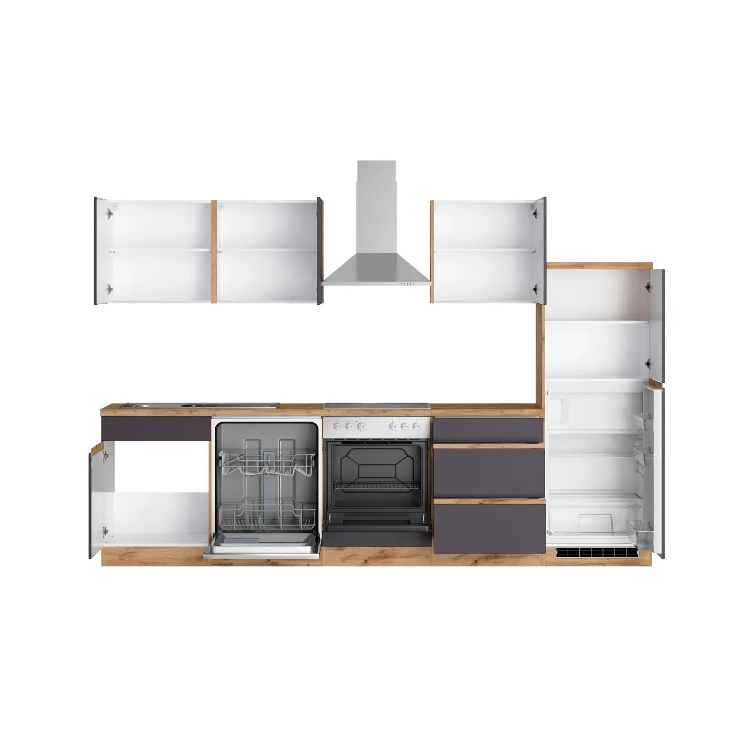 Held Möbel Küchenzeile Turin 300 cm, Graphit-Wotaneiche, mit E-Geräten: Kühlschrank, Herd, Spüler, Dunstabzugshaube.