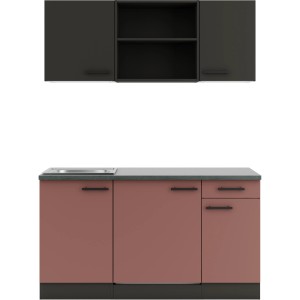 OPTIFIT Miniküche Madrid420/Nizza407, 150 cm, Anthrazit/Rostrot mit Spüle und Kühlschrank.