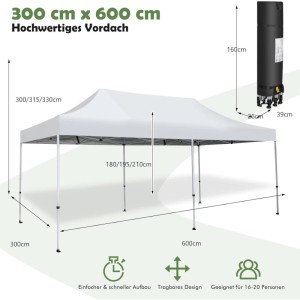 Costway 3x6m Faltpavillon Pavillon mit Rädern UV-Schutz 50+ Wasserdicht