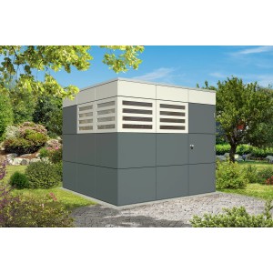 Modernes, schiefergraues Holz-Gartenhaus Perth 3 von Skan Holz mit Flachdach und Lüftungsgittern.