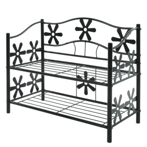 Schuhregal Bern mit 2 Böden, schwarzes Metall mit Blumenmuster, Höhe 50cm.