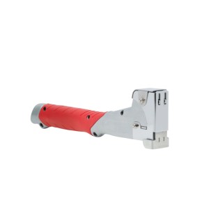 Arrow Hammertacker HT50MG für Flachdrahtklammern, roter Griff, silbernes Gehäuse.