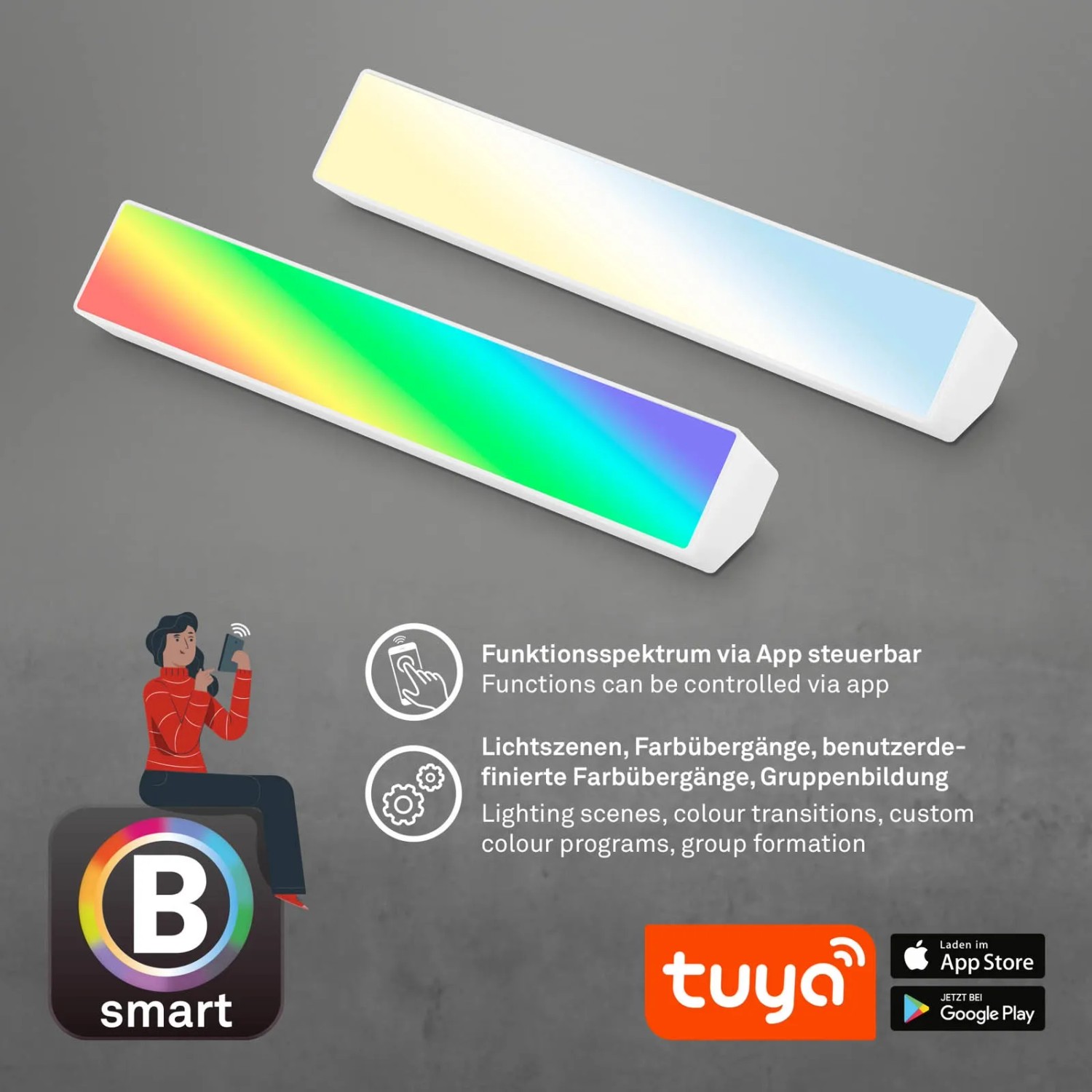 Weiße, dimmbare Brilo LED-Tischleuchte Muro S B-Smart mit Farbwechsel und App-Steuerung.
