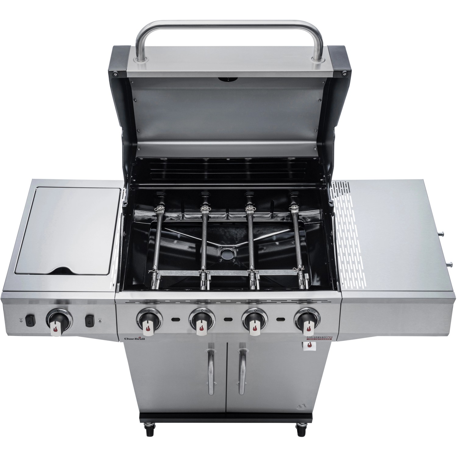 Char-Broil Gasgrill Performance PRO S 4 mit 4 Brennern, Seitenbrenner und offener Edelstahlhaube.
