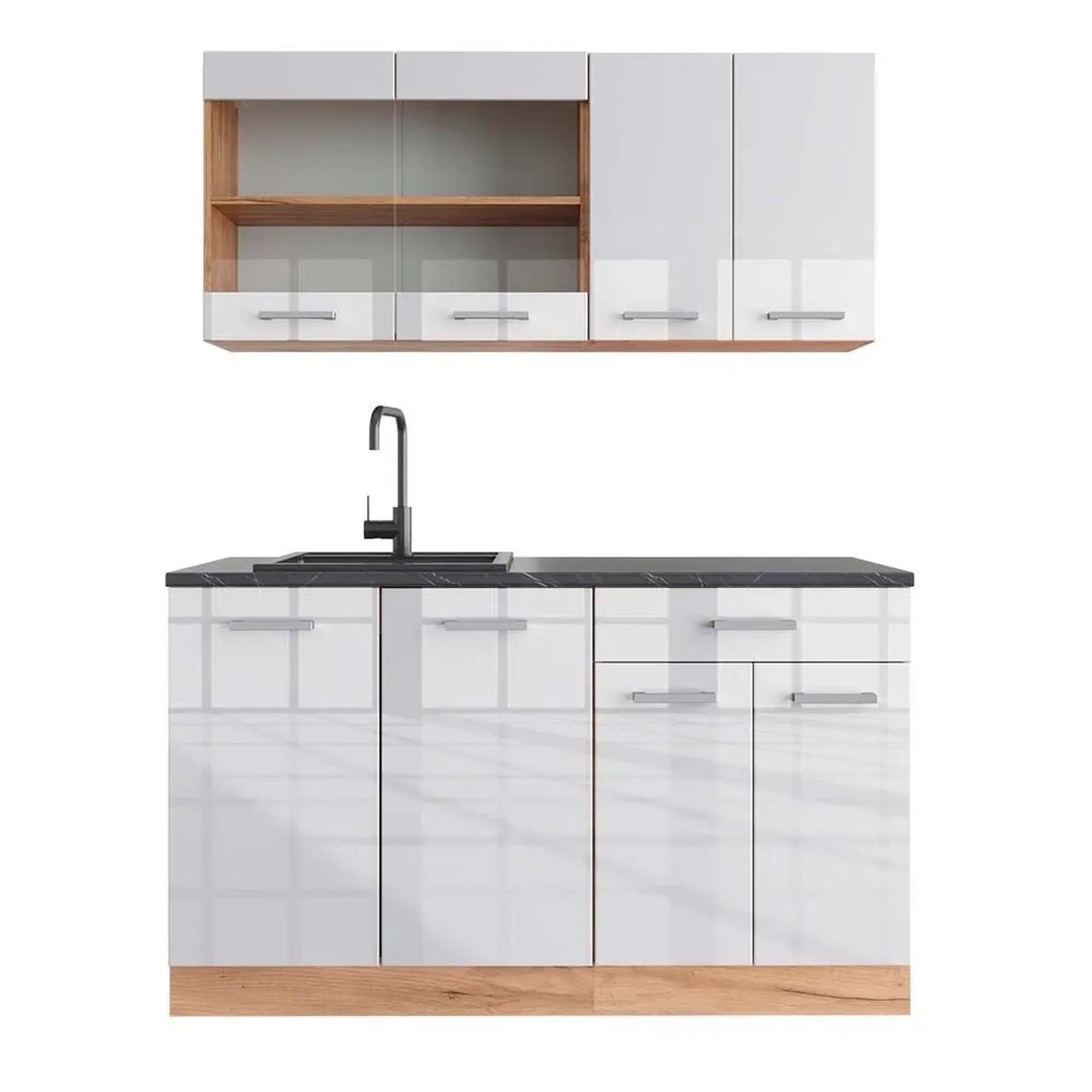 Vicco R-Line Singleküche Weiß Hochglanz Goldkraft Eiche 140 cm AP Anthrazit ohne E-Geräte