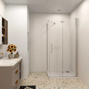 Eckdusche mit Drehtür, 100x80x195cm, 6mm ESG-Glas, Chromrahmen und Stabilisator.