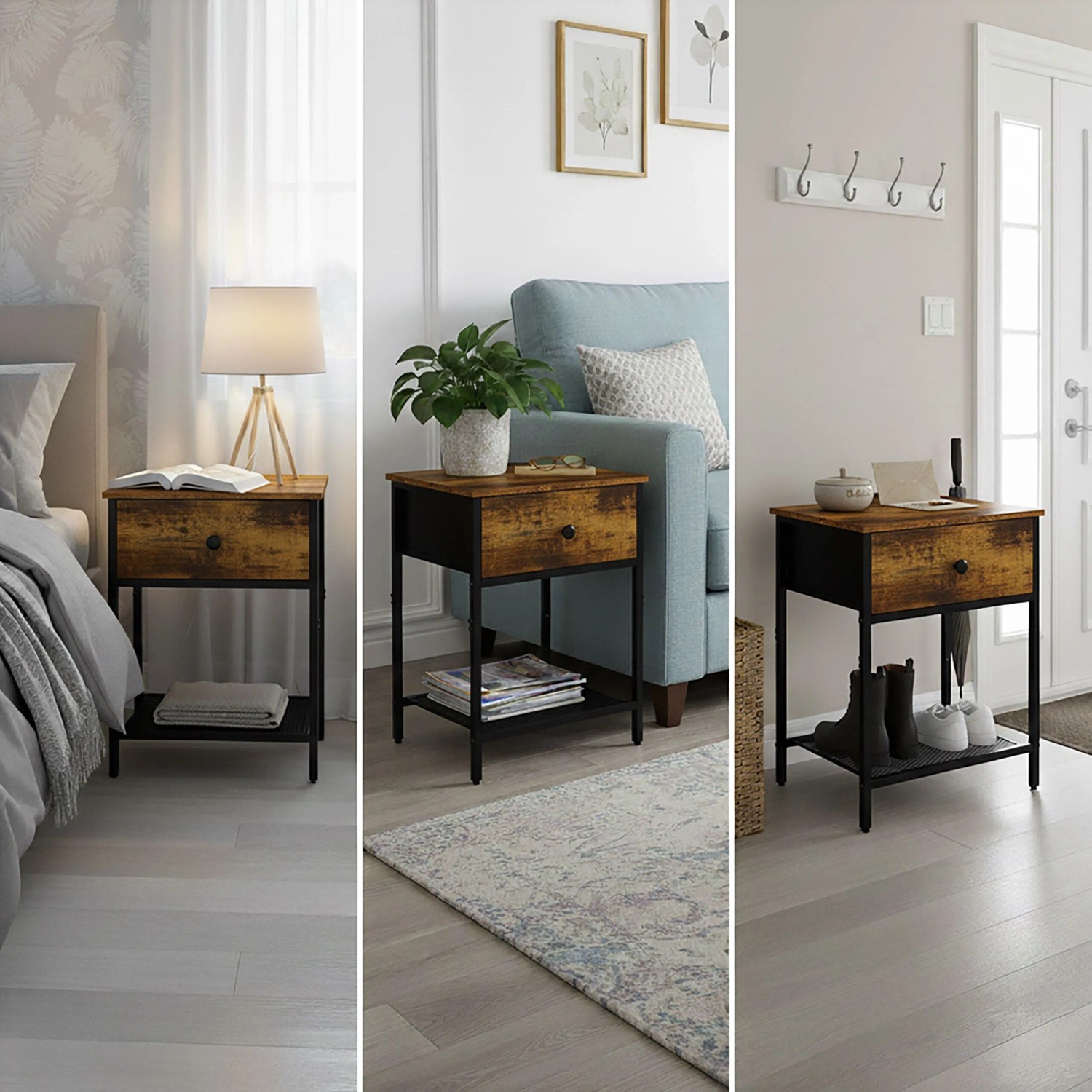 Relaxdays Nachttisch 2er Set Schublade Ablage MDF Stahl Industrial-Schwarz Höhenverstellbar Rutschfest 55 cm x 40 cm x 30 cm_5