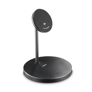 Schwarze Hama Qi2 Ladestation mit Standfunktion für kabelloses Schnellladen von Handys, 15W. Elegantes Metallgehäuse.