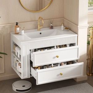 Merax Badezimmerschrank 81 cm Weiß Keramikbecken Schubladen Ablageregal