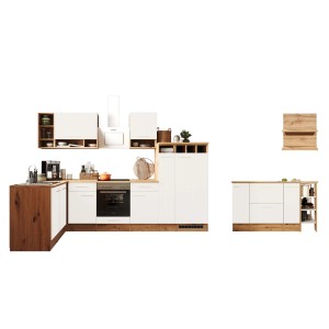 Weiße Respekta Küche Hilde 310 cm mit Kücheninsel, inklusive Elektrogeräten und Hängeregal.