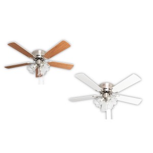 Pepeo Deckenventilator Kisa Deluxe, Nickel gebürstet, Flügel in Weiß und Ahorn, mit Beleuchtung.