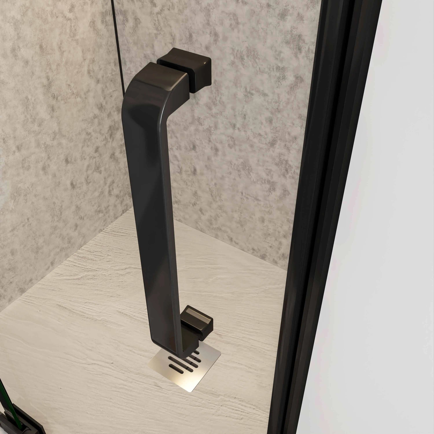 Detailaufnahme: Schwarze AICA Duschtür mit Griff und 8mm NANO Glas Duschabtrennung.