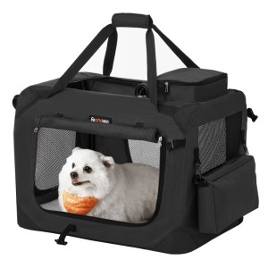Schwarze Feandrea Hundebox mit Netzfenstern, Tragegriffen und einem weißen Hund darin. Ideal für Transport & Reise.