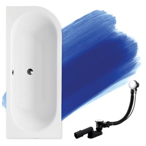 Weiße Bad Land Eckbadewanne AVITA 170x75 aus Acryl mit linkem Ablauf und automatischem Siphon-Set.