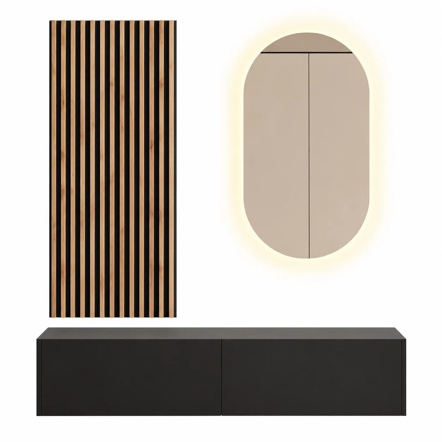 Planetmöbel Flurgarderobe Set 140 cm Schwarz mit Wandpaneel und LED Spiegel Dimmbar