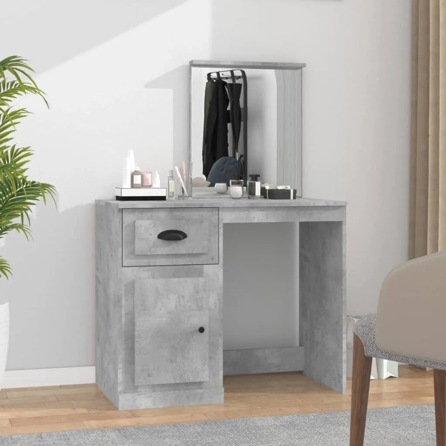vidaXL Schminktisch mit Spiegel, Betongrau, aus Holzwerkstoff mit Schublade und Tür.