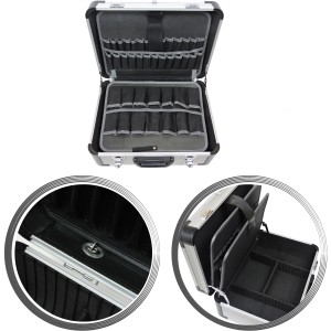 Offener Famex Alu Werkzeugkoffer 700-L mit Werkzeugpaletten und Fächern.