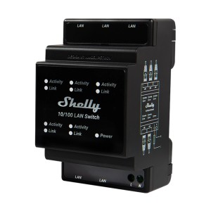 Schwarzer Shelly Ethernet-Switch mit 5 Ports für Hausautomation.