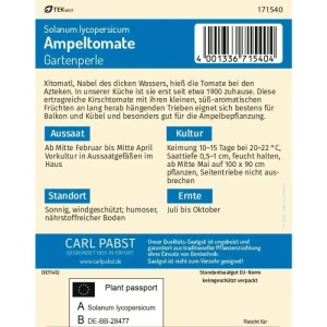 Pabst Keimkraft Ampeltomate Gartenperle Saatgutpackung. Weiße Packung mit grüner Schrift, Barcode. Für kleine, süße Kirschtomaten.