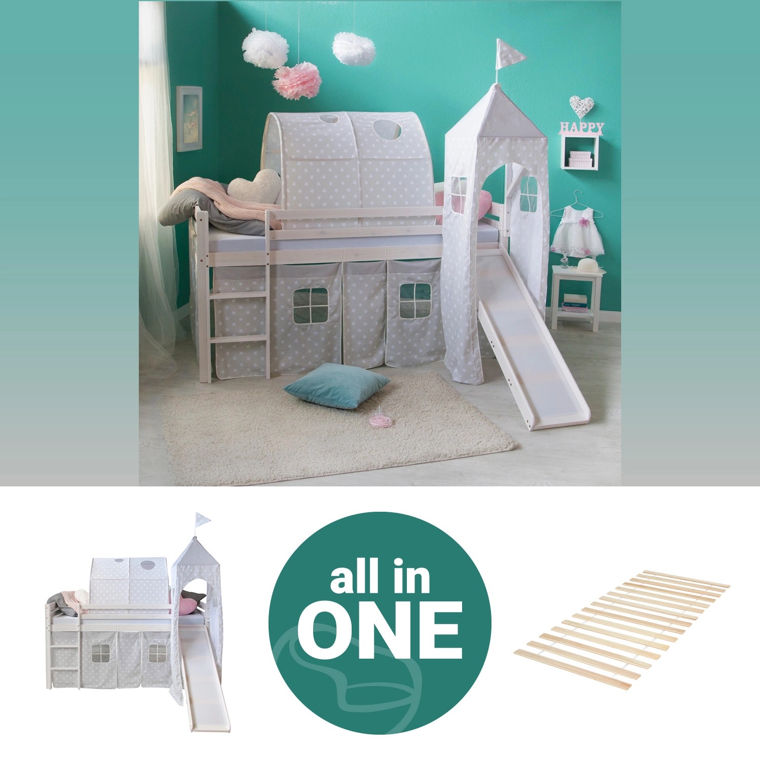 Homestyle4u Hochbett 90x200 Weiß mit Lattenrost und Rutsche Tunnel 2770 günstig online kaufen