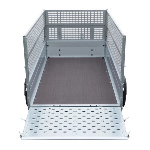 Stema REX 25 Kippanhänger mit Gitteraufsatz, Heckansicht mit offener Rampe.