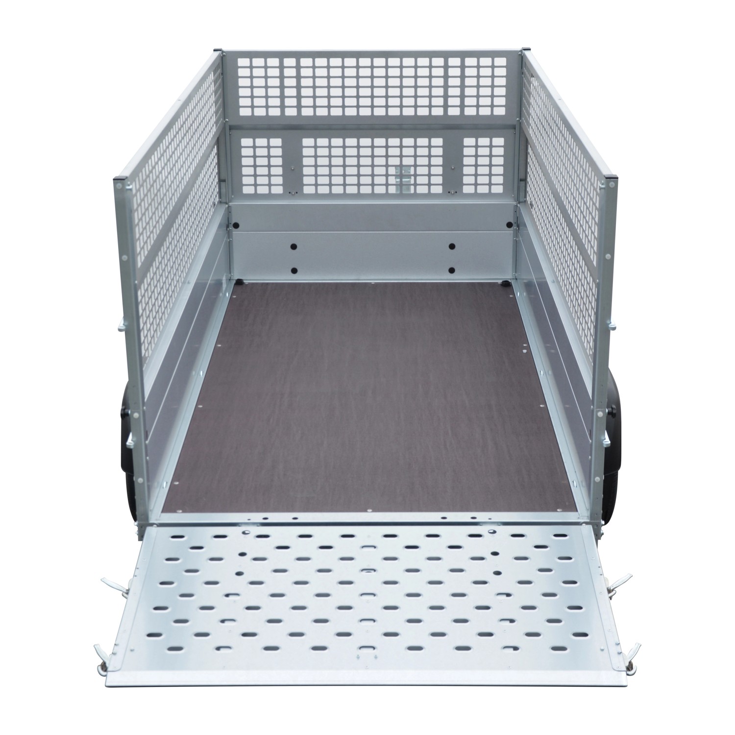 Stema REX 25 Kippanhänger mit Gitteraufsatz, Heckansicht mit offener Rampe.