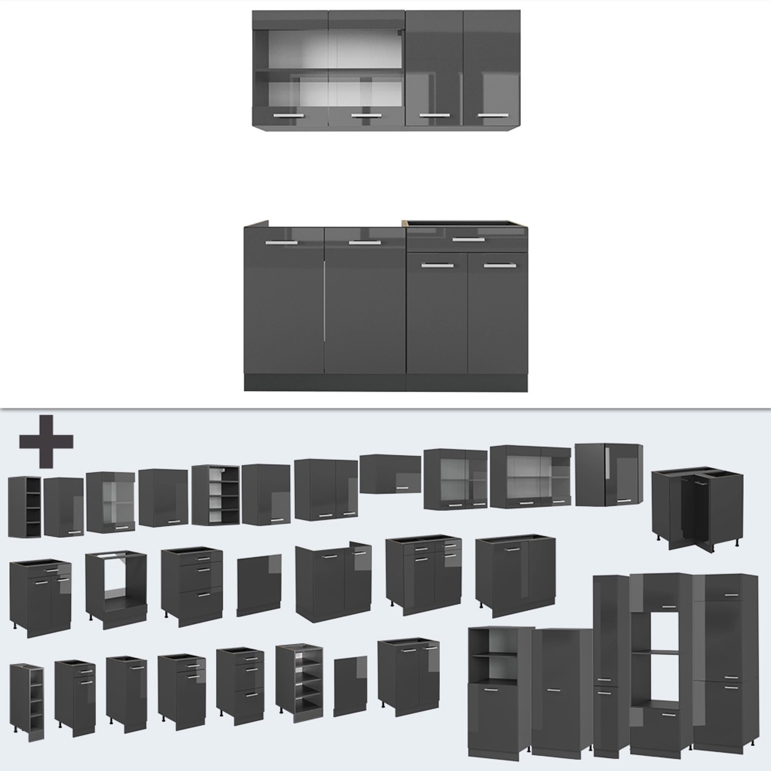 Vicco R-Line Küchenzeile, 140 cm, Anthrazit Hochglanz mit Eiche Arbeitsplatte und vielen Erweiterungsmodulen.