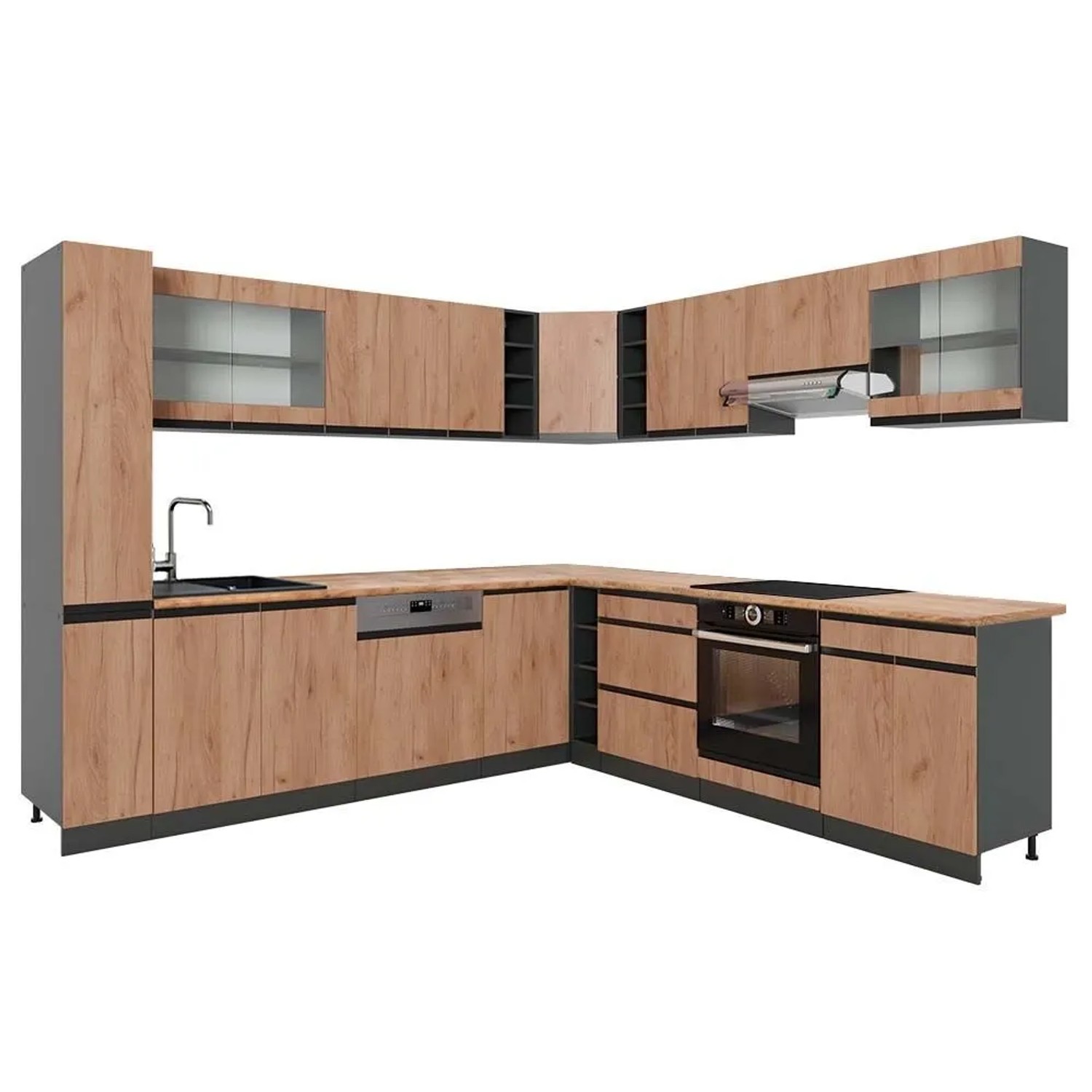 Vicco Eckküche R-Line Goldkraft Eiche/Anthrazit 277 x 82 J-Shape, AP Eiche