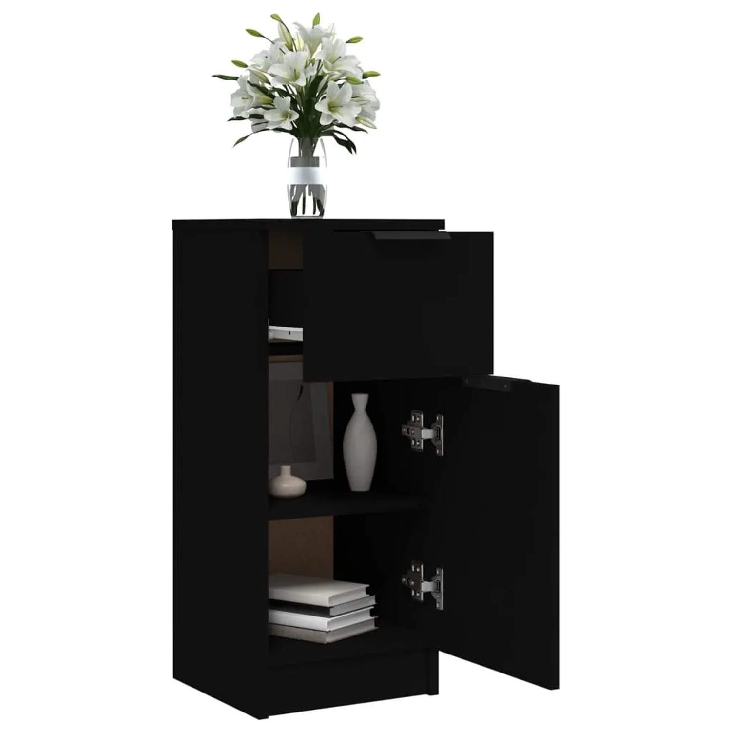 Schwarzes vidaXL Sideboard (30x30x70 cm) aus Holzwerkstoff mit offener Tür und Schublade.