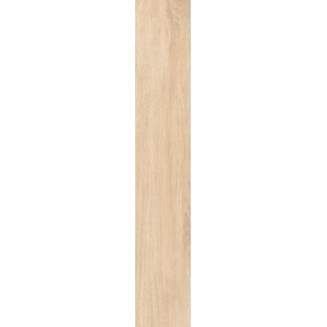 Bodenfliese Feinsteinzeug, glasiert, matt, 20x120 cm, in heller Holzoptik.