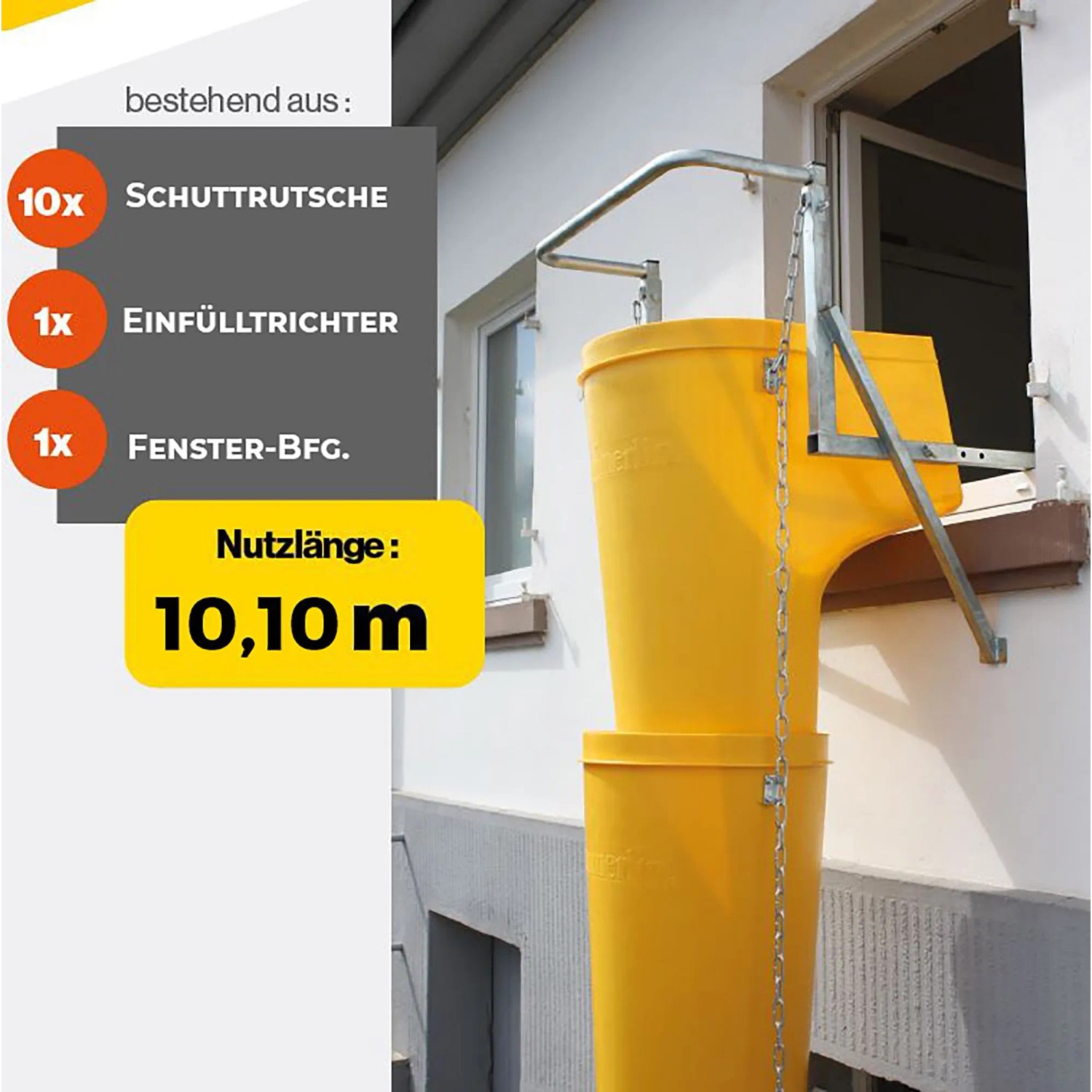 Gelbes Haemmerlin Schuttrutschen-Set, 12-teilig, mit Einfülltrichter und Fensterbefestigung.
