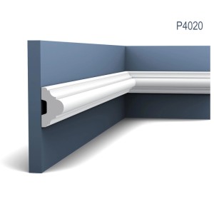 ORAC DECOR P4020 LUXXUS Zierleisten Set, 20 weiße Wandleisten (40m) an blauer Wand.