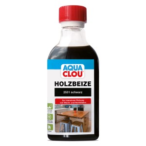 Flasche Aqua Clou Holzbeize Schwarz 250ml für intensive Färbung von Holz.